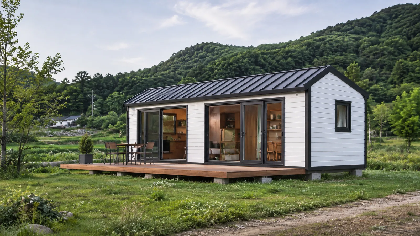 마당과 데크가 이어진 이동식주택